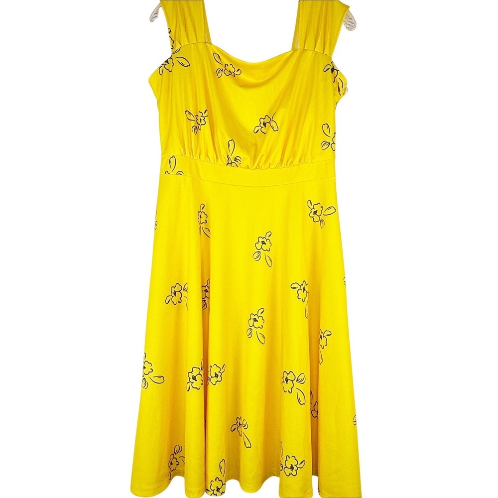 Yellow Floral Square Neck Midi A-Line Sun Dress Sleeveless Summer Garden Party